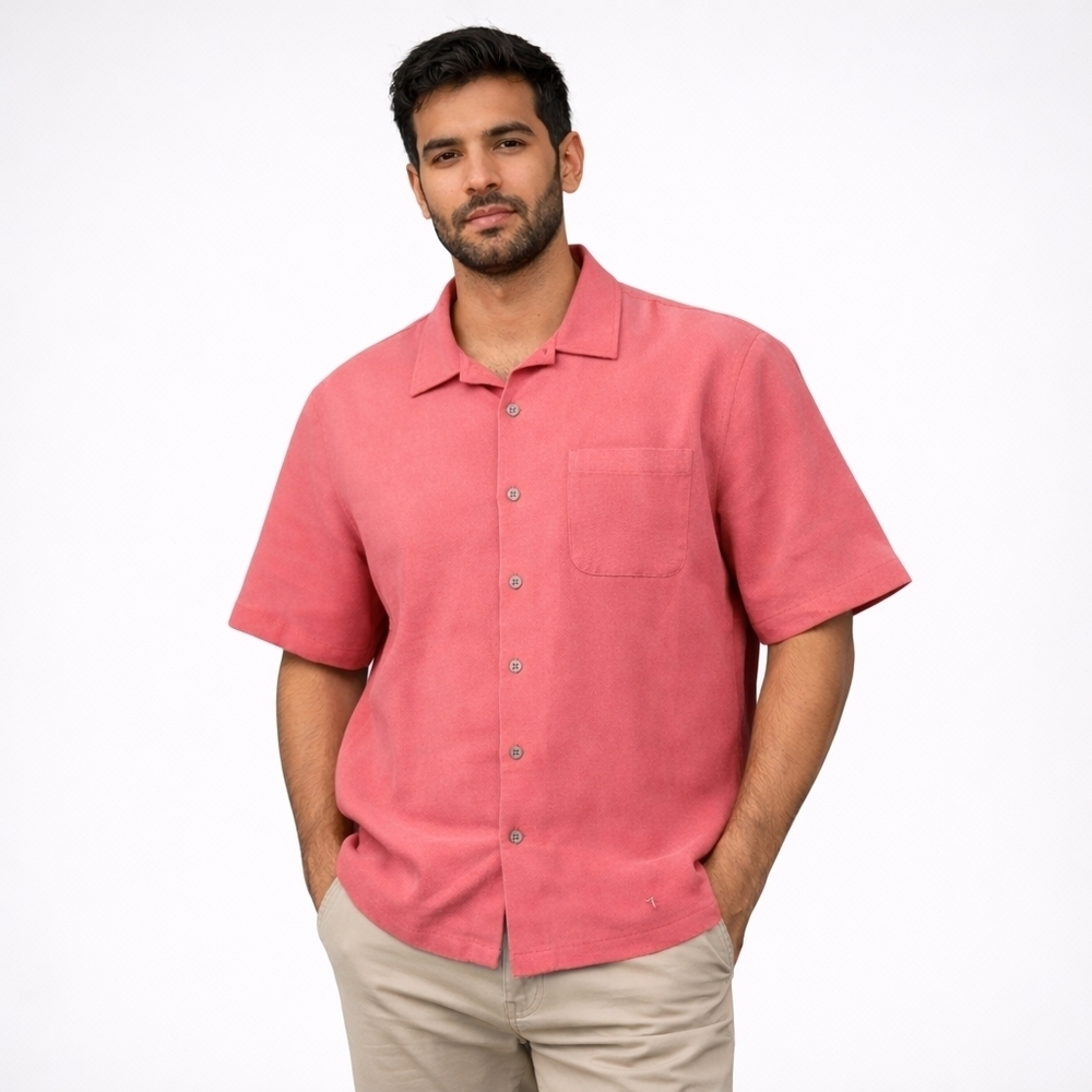TOMMY BAHAMA Salmon pink 100% Silk Shirt Sleeve Shirt L Large